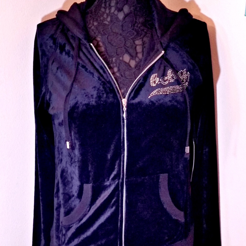 <3 BCBGMAXAZRIA HOODIE SWEATSHIRT HOODED VELVET BL